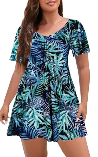 ECUPPER Women's Plus Size Green One-Piece Swimsuit with Sleeves Tummy Control Bathing Suit with Skirt and Built-in Shorts - Size 20-22