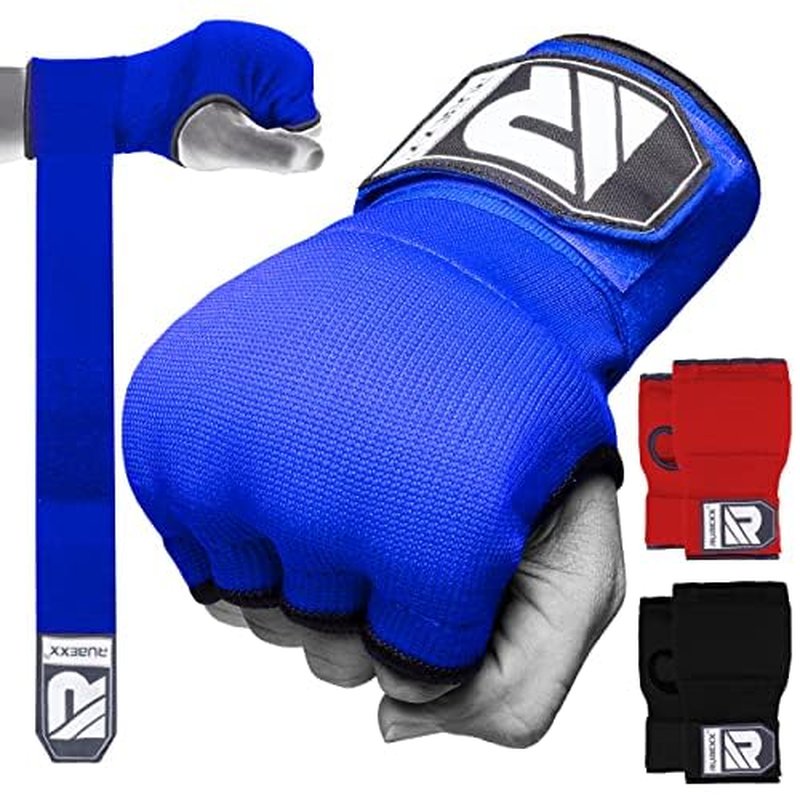 RUBEXX Slip on Boxing Hand Wraps Padded Thick Knuckle Inner Gloves 36 inches Elastic Wrist Strap Quick Wrap Under Mitts Martial Arts Muay Thai MMA Kickboxing Men Womem (Blue, M)