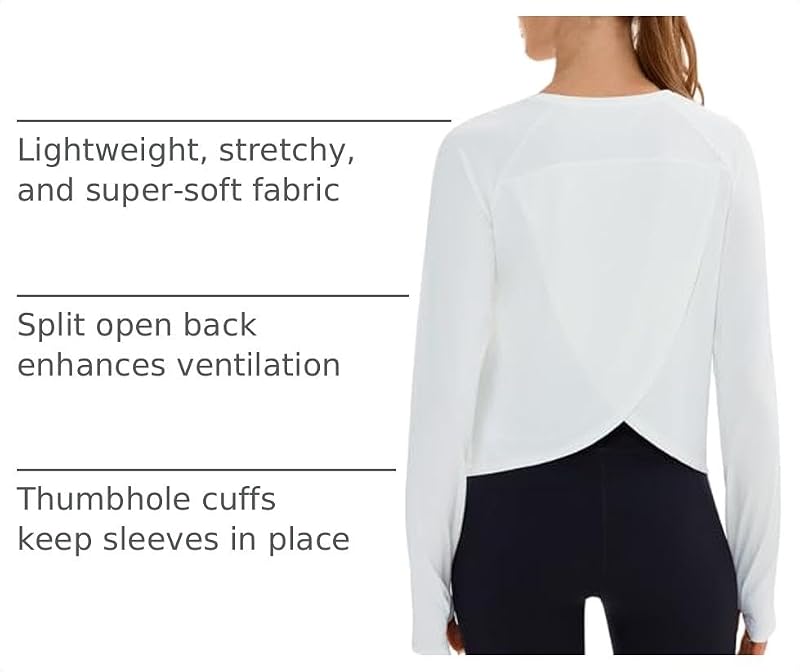 HODOSPORTS Women's Cropped Athletic Workout Top Small White Split Back Long Sleeve Gym Shirt