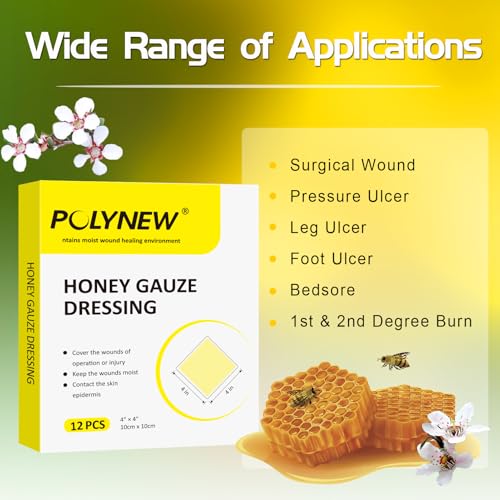 POLYNEW Manuka Honey Gauze Dressing 4x4 inch Wound Care Patches, 12 Pack