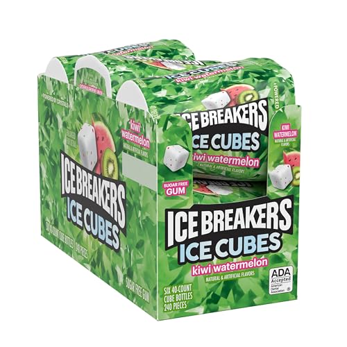 Ice Breakers Ice Cubes Kiwi Watermelon Sugar-Free Chewing Gum Bottles 6 Pack (40 Count Each)