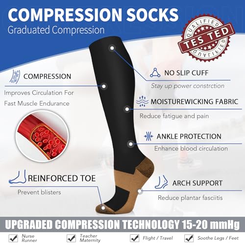 Copper Compression Socks Men & Women 8 Pack Knee High Athletic Support 15-20mmHg