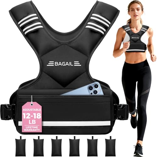 BAGAIL Black Adjustable Weighted Vest 12-18 lb for Women, Reflective & Removable Weights