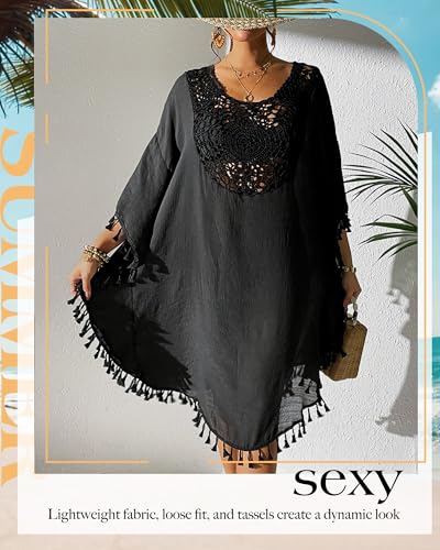 Women's Crochet Chiffon Swimsuit Coverup Dress - Black