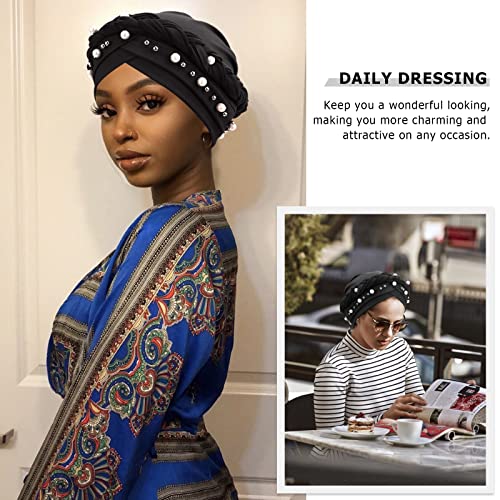 Twisted Braid Turban Cap with Pearls - Black, Pre-Tied Hair Wrap