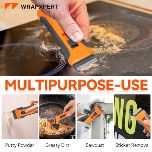 WRAPXPERT Razor Blade Scraper with 30pcs Extra Blades, Razor Scraper Tool for Glass, Window Scraper, Glass Scraper, Blade Razor Retractable for Removing Glue, Paint, Stickers, Labels
