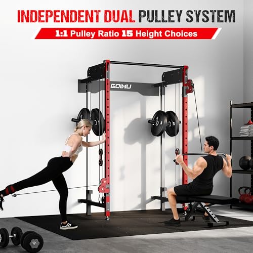 Folding Squat Rack - Wall Mounted Power Rack with Dual Pulley System - WM3 Folding Cage Red