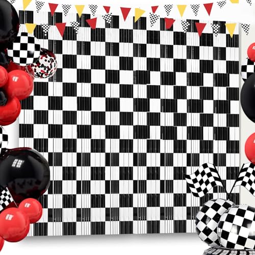 Black and White Checkered Tinsel Backdrop Curtains - 3 Pack