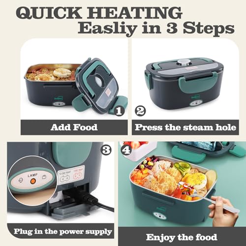 Green Electric Heated Lunch Box 100W Fast Heating 1.5L Food-Grade Stainless Steel Portable Food Warmer for Car Office