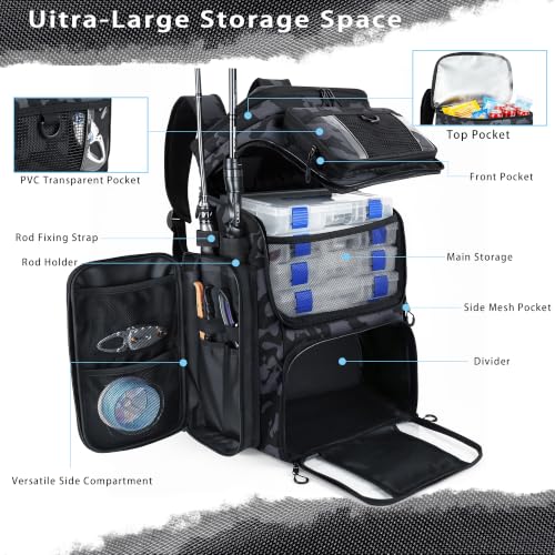 GiMiUiTo 55L Fishing Tackle Backpack with 4 Rod Holders Camouflage Black