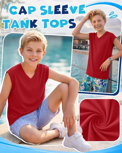 Boys V-Neck Tank Top - Lightweight Cap Sleeve Shirt - Red, 11-12 Years
