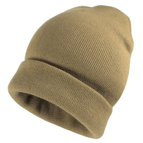 Warm Knit Cuffed Beanie Hat - One Size / Khaki