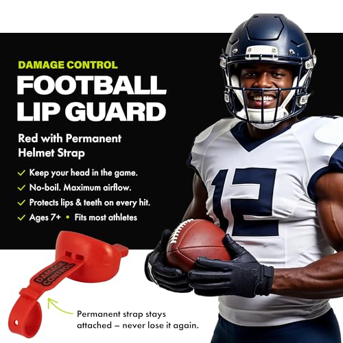 Damage Control Red Football Mouthguard with Permanent Strap, Breathable & Cushioned, Youth & Adult
