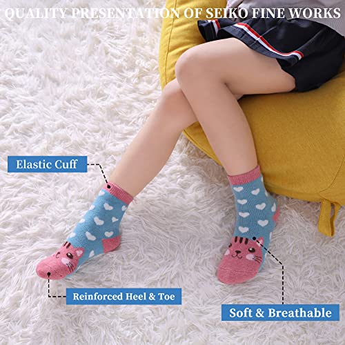 SDBING Kids Merino Wool Hiking Socks 8-12y - Toddler & Kids Warm Thick Thermal Crew Socks (6 Pairs) - Animal Print