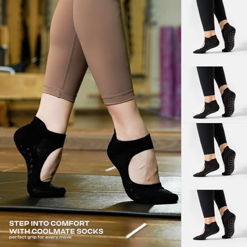 Pilates Socks with Grips for Women - 4 Pairs Open Top Black