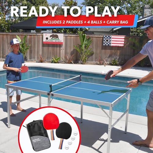 Mid-Size Table Tennis Set - Indoor/Outdoor with Net, 2 Paddles & 4 Balls - Blue