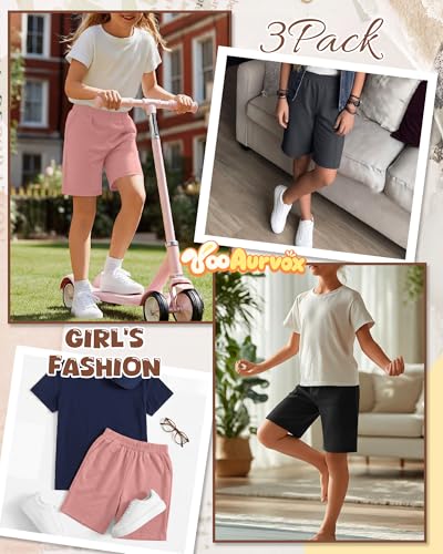 Girls Bermuda Athletic Shorts - 3 Pack, Black, Dark Gray, Pink