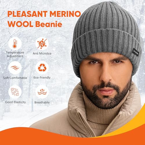 Winter Beanie Merino Wool Fleece Lined Knit Hat - Grey
