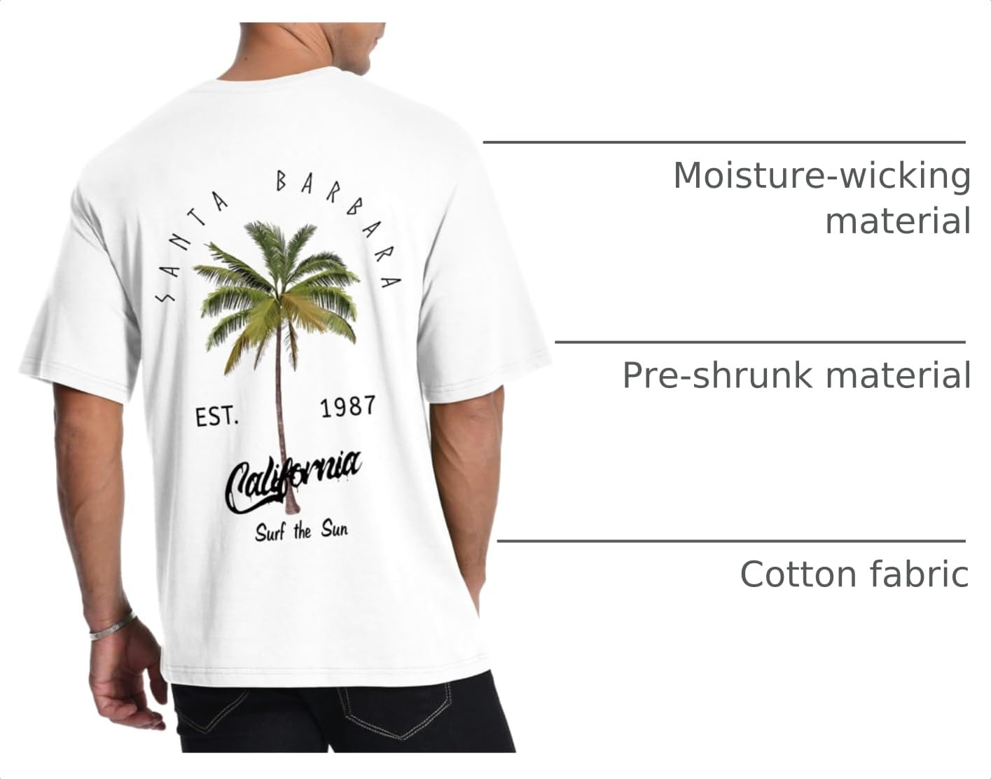 AIYINO Mens Santa Barbara Palm Tree Tee California Surf Casual T-Shirt