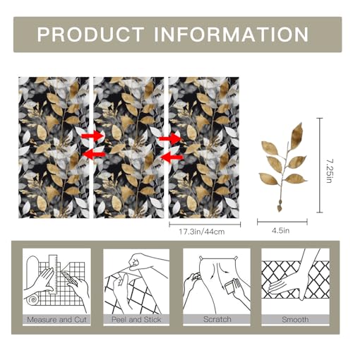 RUSPEPA Peel and Stick Floral Wallpaper,Black and Gold Botanical Wall Decor, Boho Self Adhesive Removable Decorative Waterproof Contact Paper for Bedroom Kitchen Cabinets Wall D?cor, 17.7 in x 6.56 ft