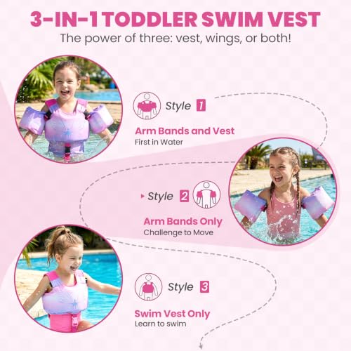 Zeraty 3-in-1 Toddler Swim Vest with Arm Bands - 33-66 lb (Rose Red, Medium)