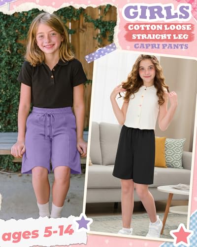 Girl's Knee Length Shorts - 3 Pack, 9-10 Years, Taro Purple, Pink, Black