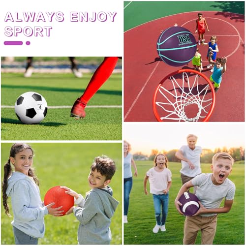 Deekin 4 Pcs Sport Balls Set Purple Teal – Soccer, Basketball, Football & Playground Ball with Pump