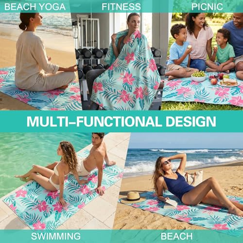 Oversized Beach Towel - 35x72" Quick-Dry Light Teal Pink Floral