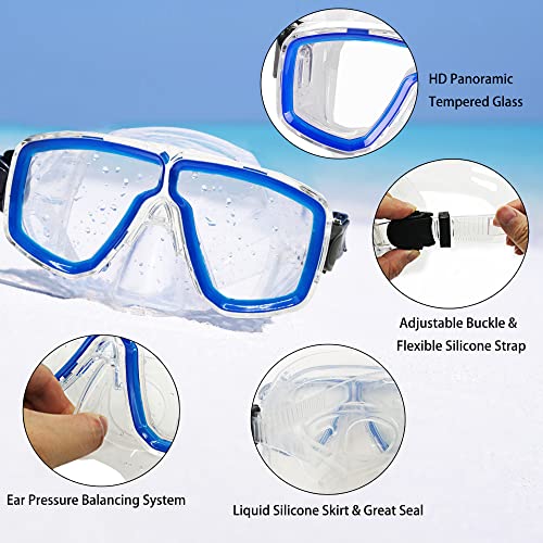 DiVLMT Adult Snorkeling Gear Set with Mask Fins Dry Snorkel, US Men 9-13 / Lady 10-14, Blue