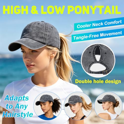 ZEXIAN Womens Vintage Washed Distressed Ponytail Hole Baseball Cap - One Size Black/Gray