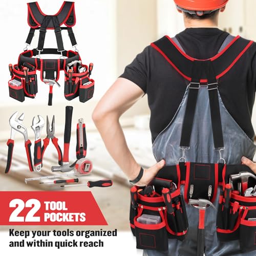 Tool Belt, Professional Tool Belts with Suspenders, Magnetic Tool Pouch for Men, Heavy Duty Detachable Adjustable Work Belt for Electrician, Carpenter, Construction