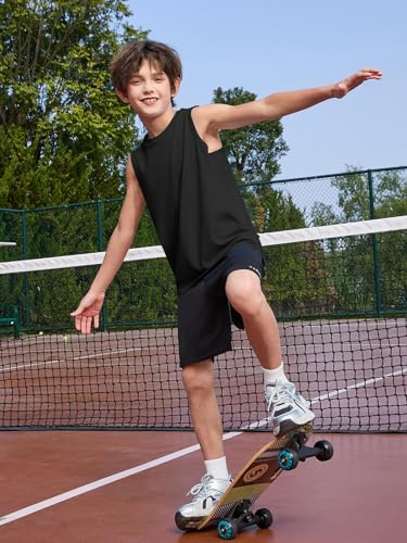 Boys Athletic Tank Top - Sleeveless Quick Dry Shirt, Black, 7-8 Years