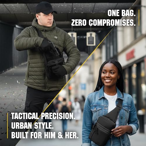 EDC Tactical Sling Bag for Men & Women - Concealed Carry Chest Pack - Black Loop Panel
