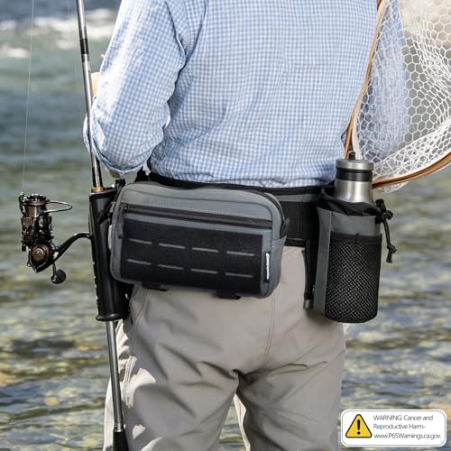 QualyQualy Grey Wading Fishing Belt with Rod Holder & Tackle Pack – Adjustable Waterproof Waist Belt for Fly & Spinning Rods