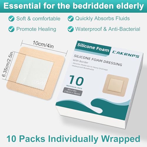 CAKRNPS Dark Beige Silicone Foam Wound Dressings 4x4 Inch Pack of 10 – Waterproof, Self-Adhesive, Hypoallergenic for Bed Sores & Exuding Wounds