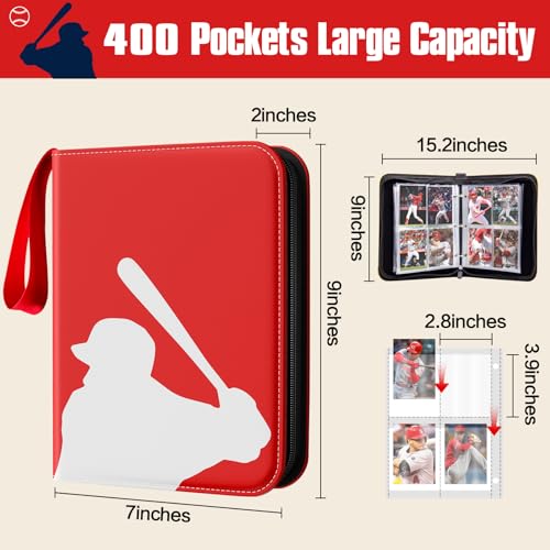 efunny Baseball Red 400-Pocket Card Binder with 50 Removable Sleeves – Waterproof 9x7in, 4 Pocket Organizer for Baseball Cards