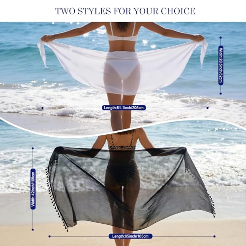 Women’s Beach Sarong Wrap Skirt - 2PCS Lightweight & Quick-Drying - Long Black & Short White