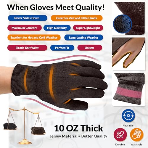 ABC PACK & SUPPLY Brown Jersey Gloves for Women and Men, 10 Inch. Pack of 24 (12 Pairs) Reusable Polyester and Cotton Jersey Work Gloves with Elastic Knitted Wrists. Washable Cotton Gardening Gifts