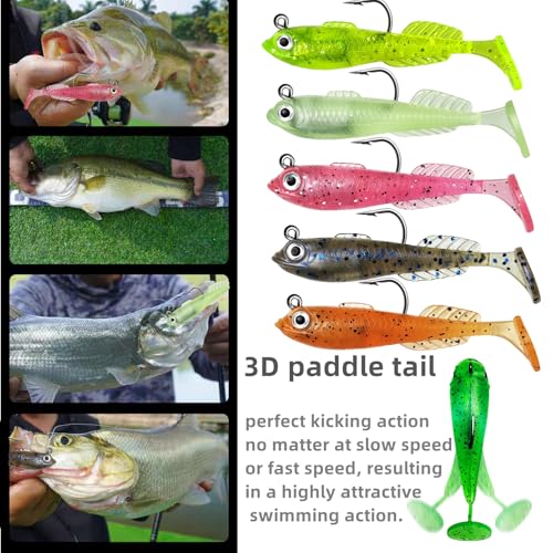 15Pcs Pre-Rigged Soft Mini Fishing Lures - 2.5" Paddle Tail Jigs