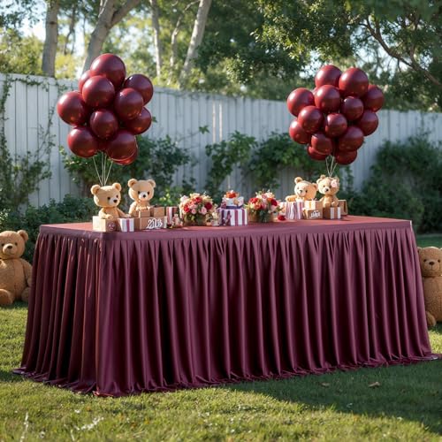6ft Burgundy Polyester Table Skirt for Rectangle Tables - Wrinkle-Resistant Pleated Ruffle