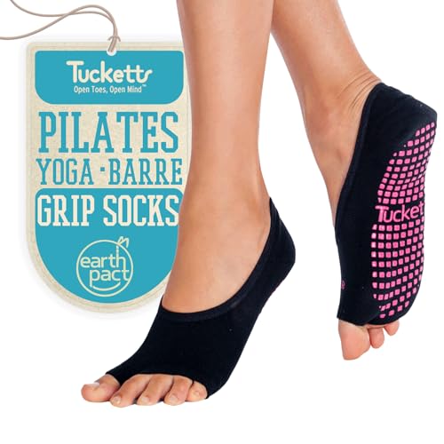 Tucketts Patented Ballerina Toeless Grip Socks - Non-Slip Barre & Pilates, Small-Large, Black/Pink