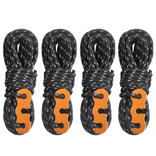 Reflective Tent Guyline Rope - High-Strength Aluminum Adjuster - 4 Pack - Black - Φ3mm