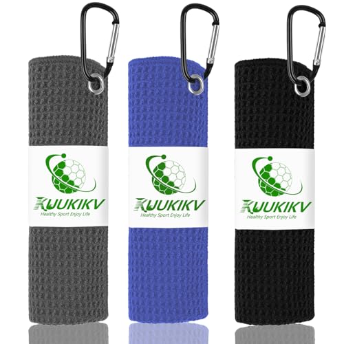 Golf Towels - 3 Pack Microfiber 16x16 for Golf Bags - Black, Blue, Gray