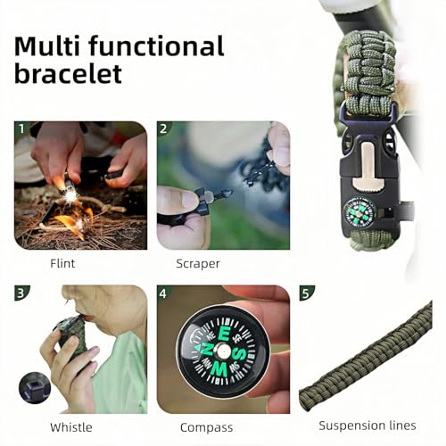5-in-1 Survival Paracord Bracelet with Fire Starter & Compass - Green