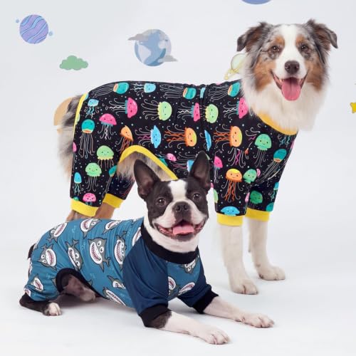XPUDAC Small Dog Pajamas 4-Pack - Dinosaur & Shark Onesies for Puppies, Medium (7-11lb, Chest 16.5")