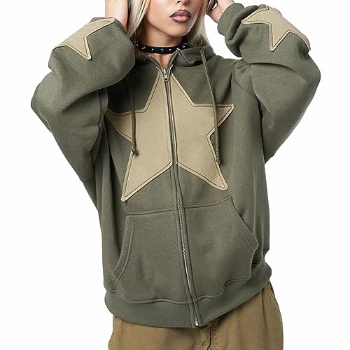 Karwuiio Women's Y2K Zip Up Hoodie Gray Green Large Star Graphic Oversized Sweatshirt