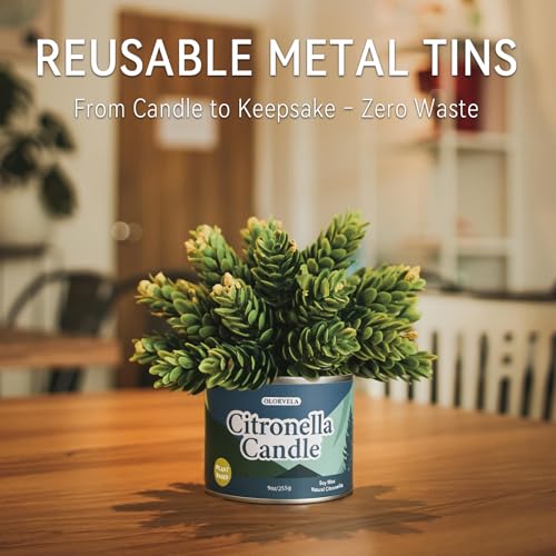 Olorvela 2 Pack Outdoor & Indoor Citronella Soy Wax Candles - 18oz, 60+ Hours Burn Time, Natural Scent, Reusable Metal Tins