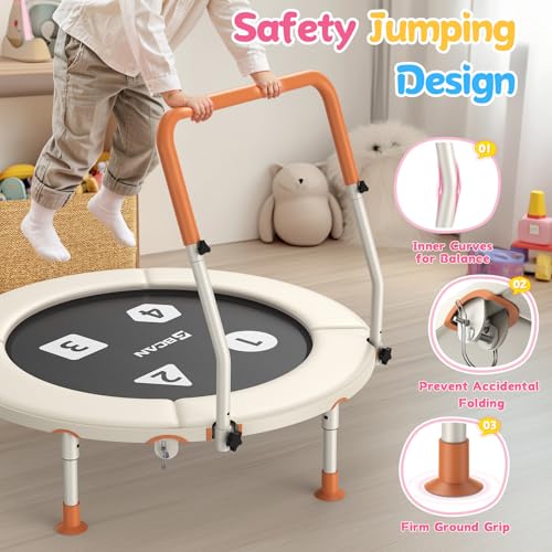 Toddler Trampoline 36" - Foldable Indoor Mini with Adjustable Handle - Beige