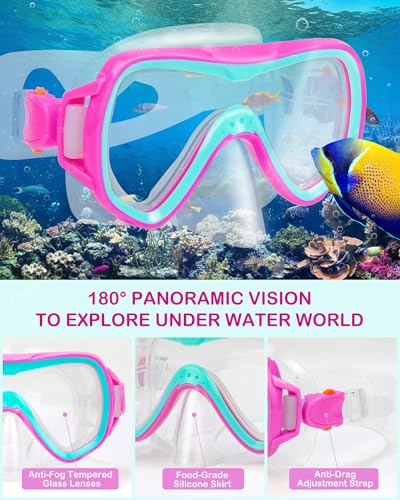 Purple Kids Snorkel Set with Mask Fins & Mesh Bag - Ages 5-14, Adjustable Fins & Dry Top Snorkel