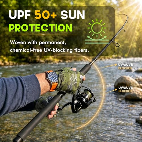Fingerless Fishing Gloves - Shortened Wrist UPF50+ - Camo Green - Lightweight & Breathable